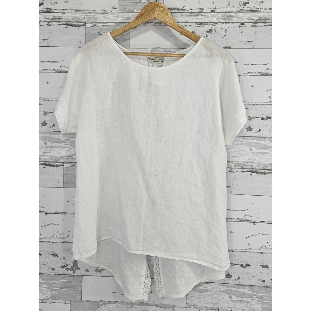 Terzo Millennio Made in Italy Linen Top Crochet Detail Dolman Sleeves Womens S